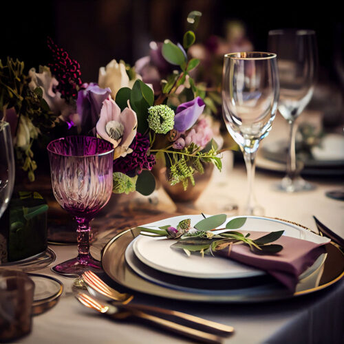 Dinner table set with glass and crockery flower